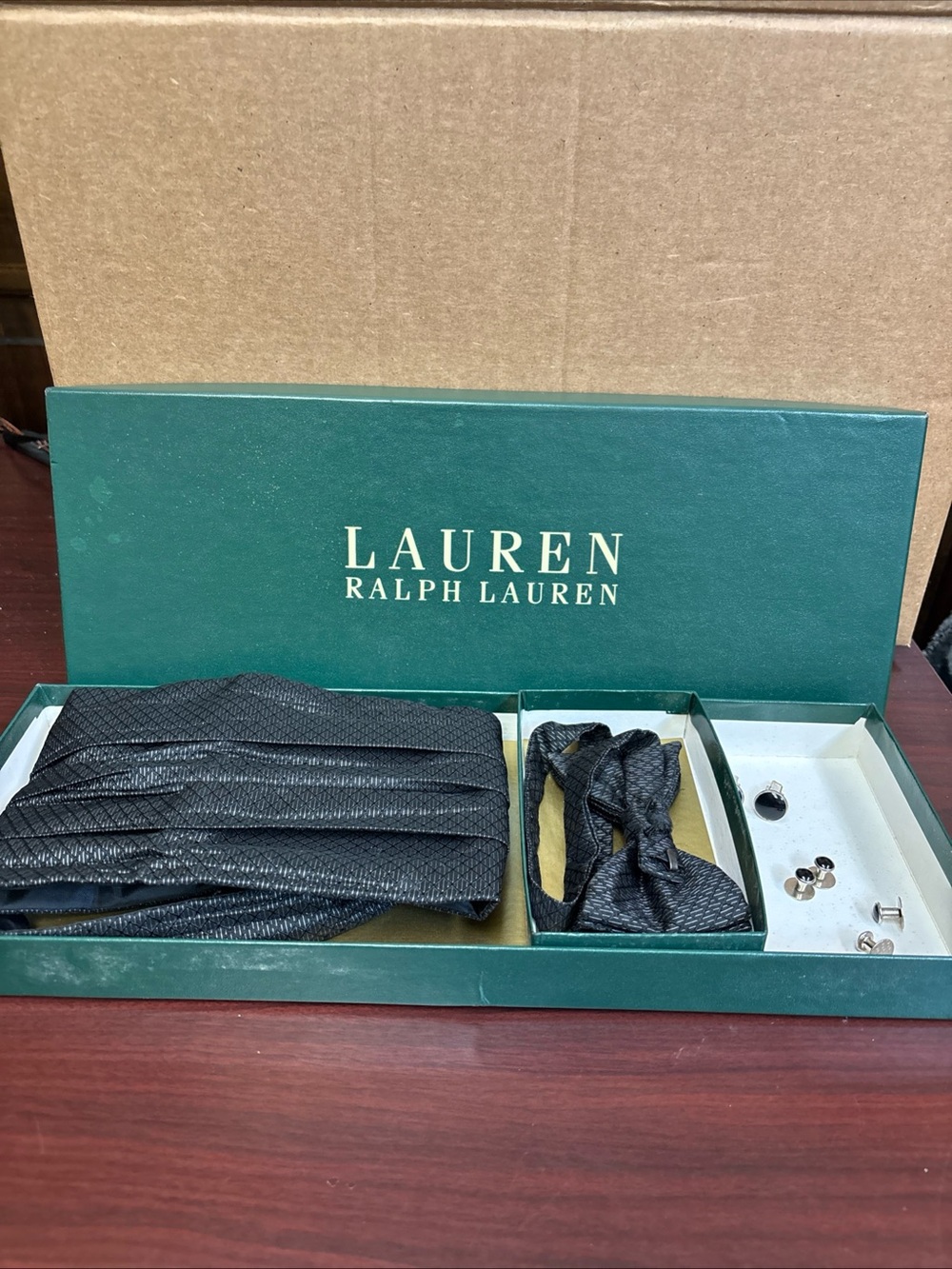 Polo Ralph Lauren Mens Black 100% Silk Pleated Cummerbund Bow Tie Cuff Links MD